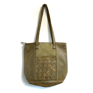 Vilenca Holland Olivia tote shoulder bag taupe brown leather woven accent